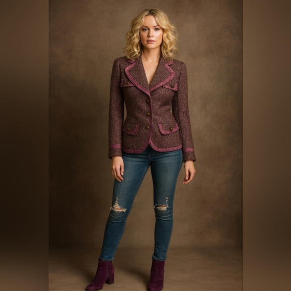 Women's Brown and Purple Tweed Blazer With Pink Satin Trim. Size Medium. - Picture 3 of 12